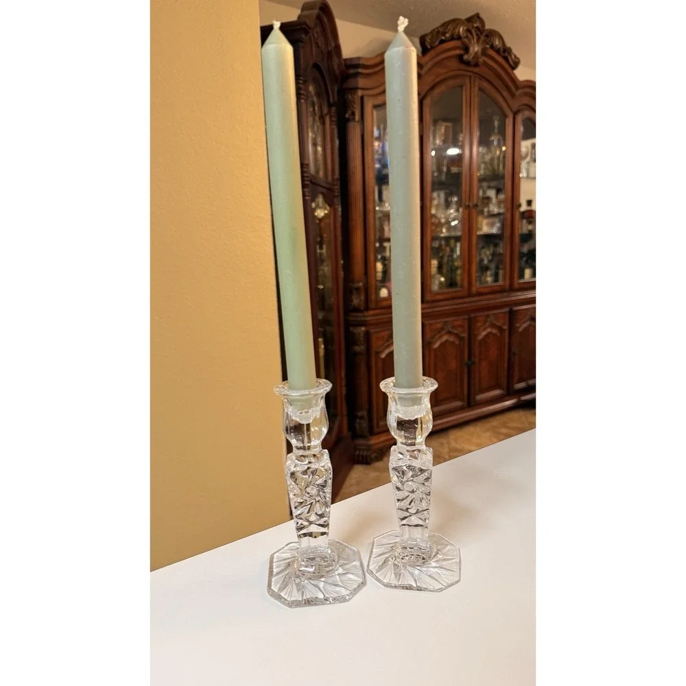 Vintage Cut Crystal Glass Candlestick Holders Set of 2 Starburst‎ Octagon